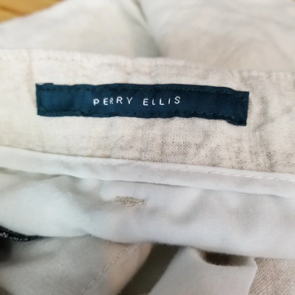Perry Ellis Pants Mens 35 Beige‎ 100% Linen Drawstring Flat Front Casual Resort